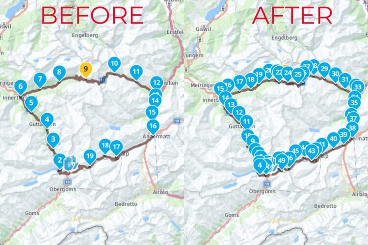 before and after waypoint expansion - motorcycle route planner