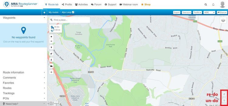 showing un-do and re-do buttons - motorcycle route planner