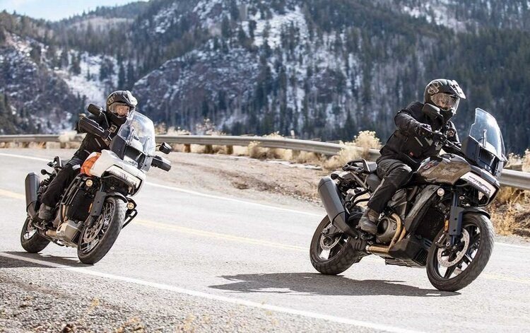 two harley davidson pan americas on mountain road