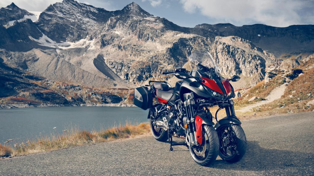 yamaha niken by lake and mountains