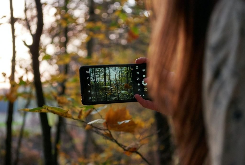 woman taking image on smartphone in forest