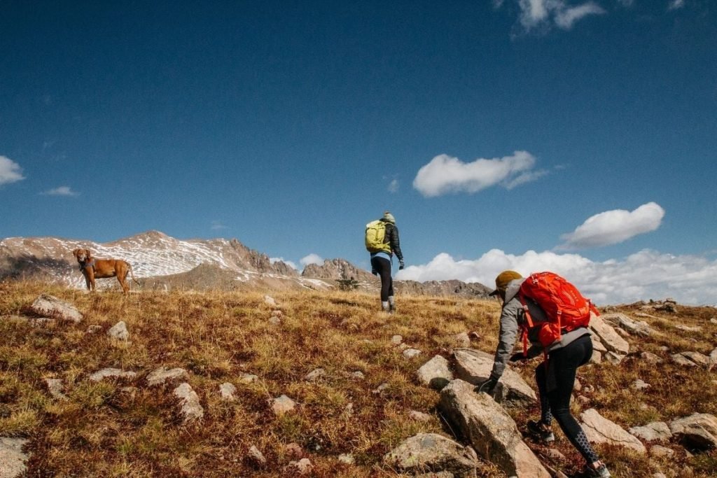 stay fit on your motorcycle tour - people hiking in mountains with dog