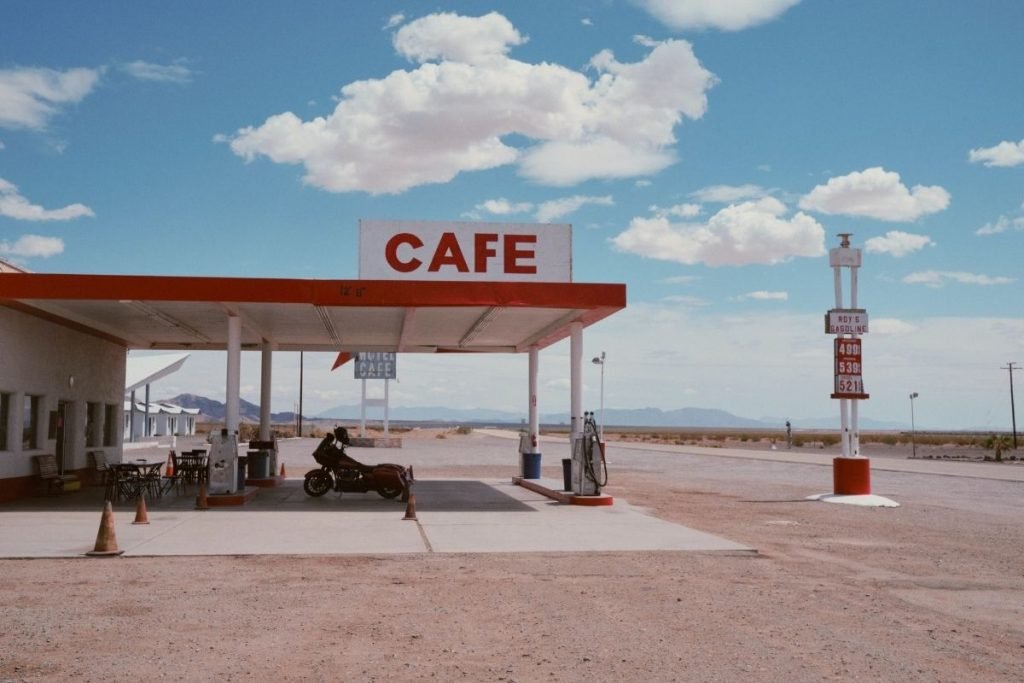 lone bike at gas station in desert