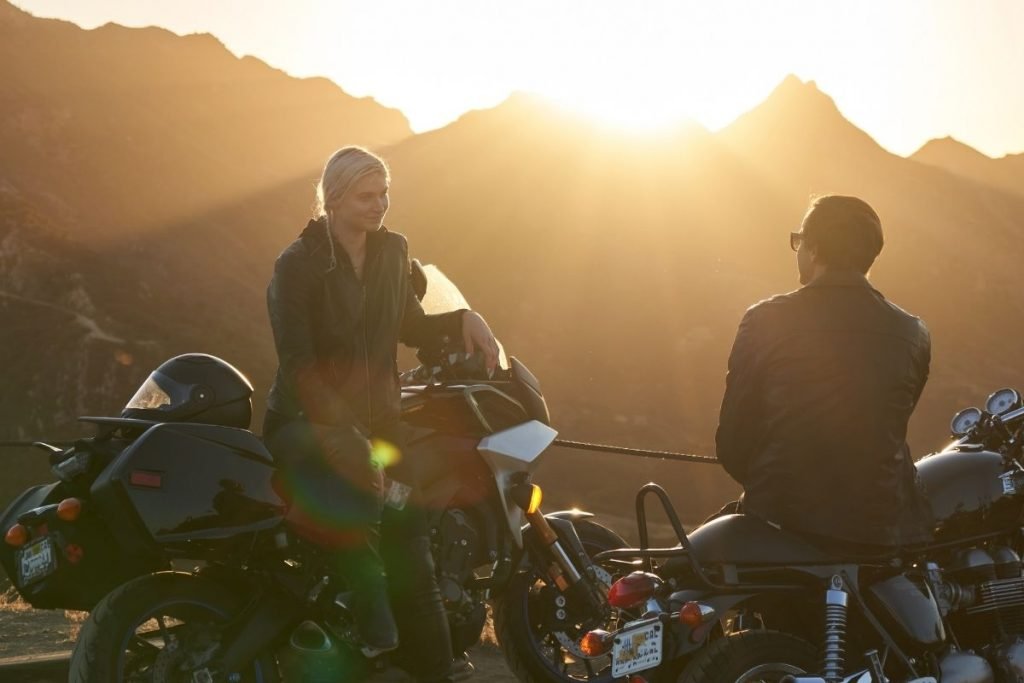 bikers at sunset in the mountains