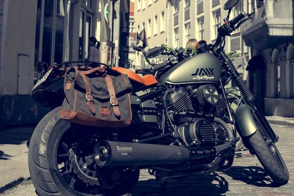 street bike with fabric luggage in urban setting