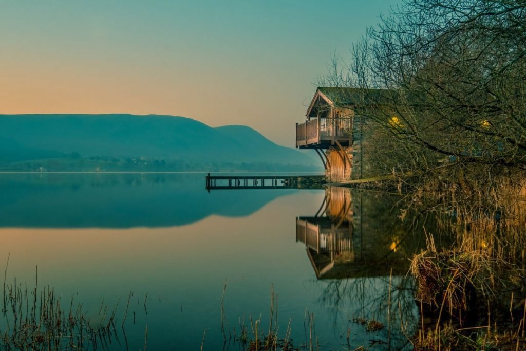 pooley bridge boat house at sunrise