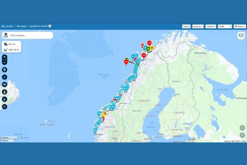 myroute-app showing waypoints