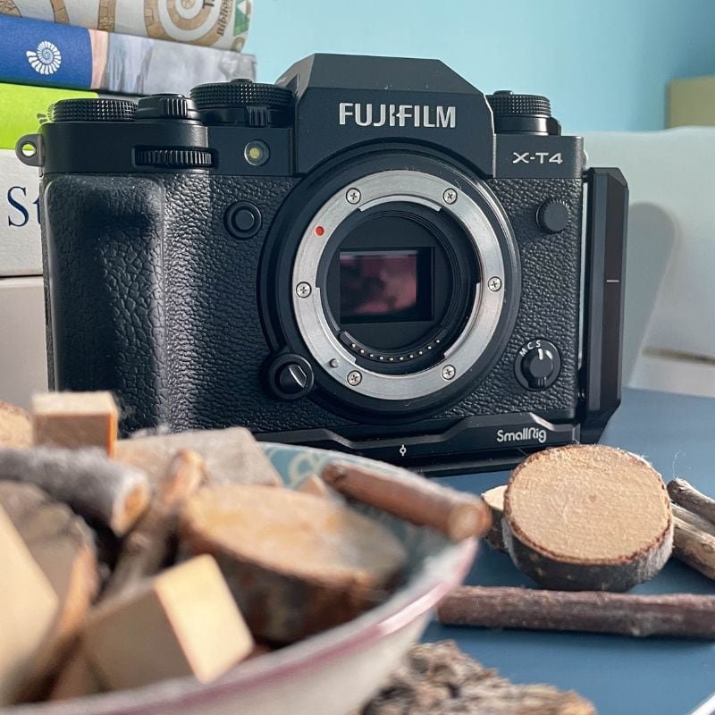 fuji x-t4 with books and wood chippings