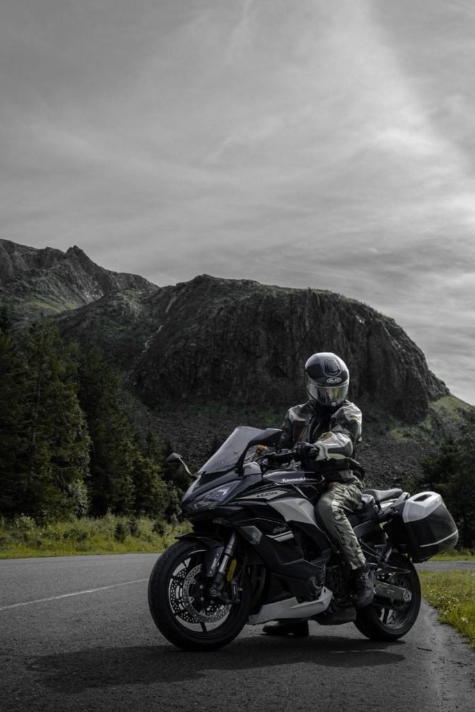 motorcycle touring norway - rider in lofoten